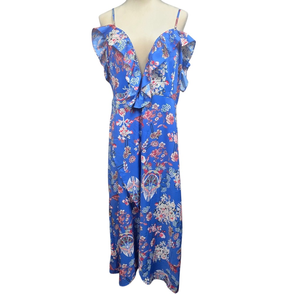 YOINS Blue Floral Print Cold Shoulder Ruffle Maxi Boho Dress Womens Size XL‎